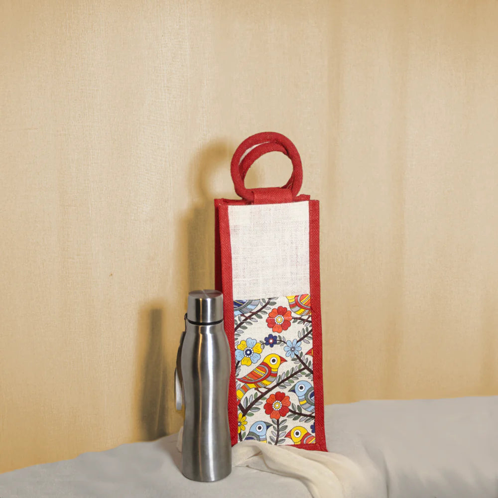 Madhubani Bird Jute Bottle Bag