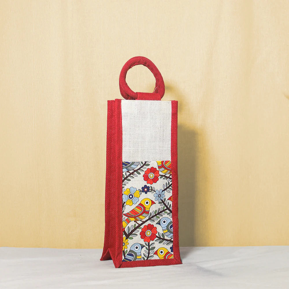 Madhubani Bird Jute Bottle Bag