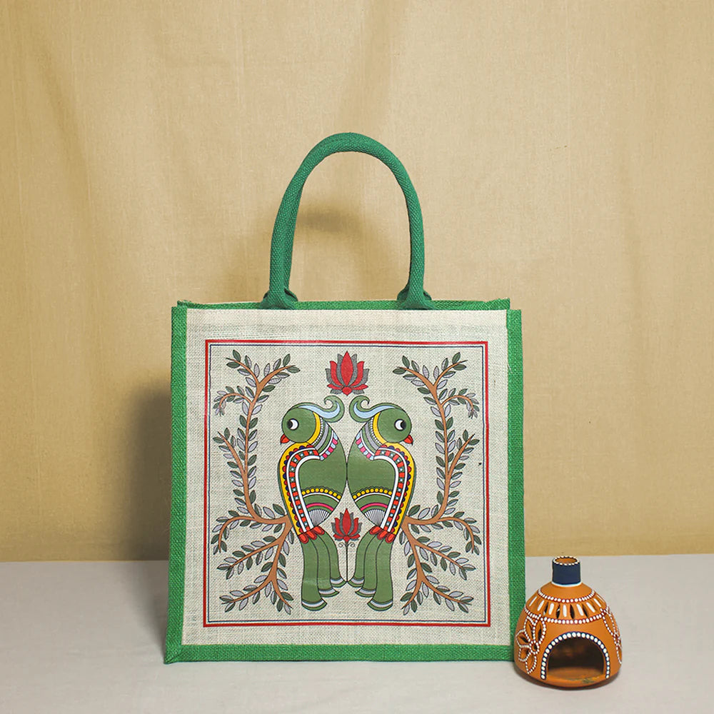 Madhubani Parrot Jute Shopping Bag